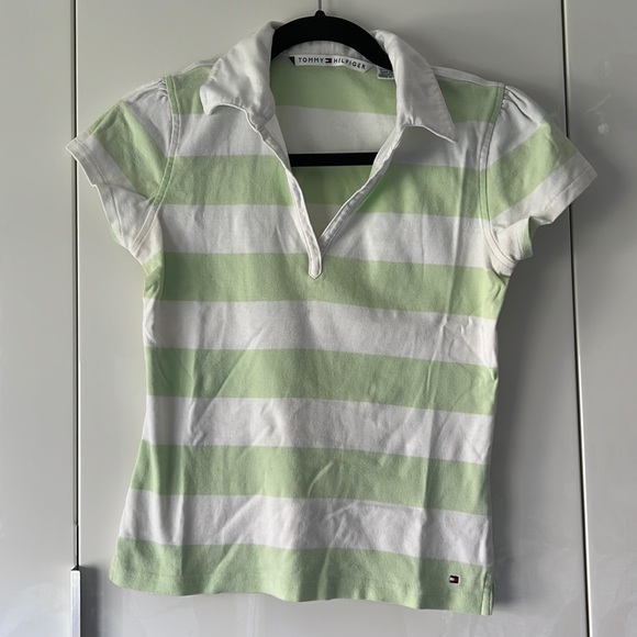 Tommy Hilfiger Green and White Striped V-Neck Polo - size M - Picture 1 of 7